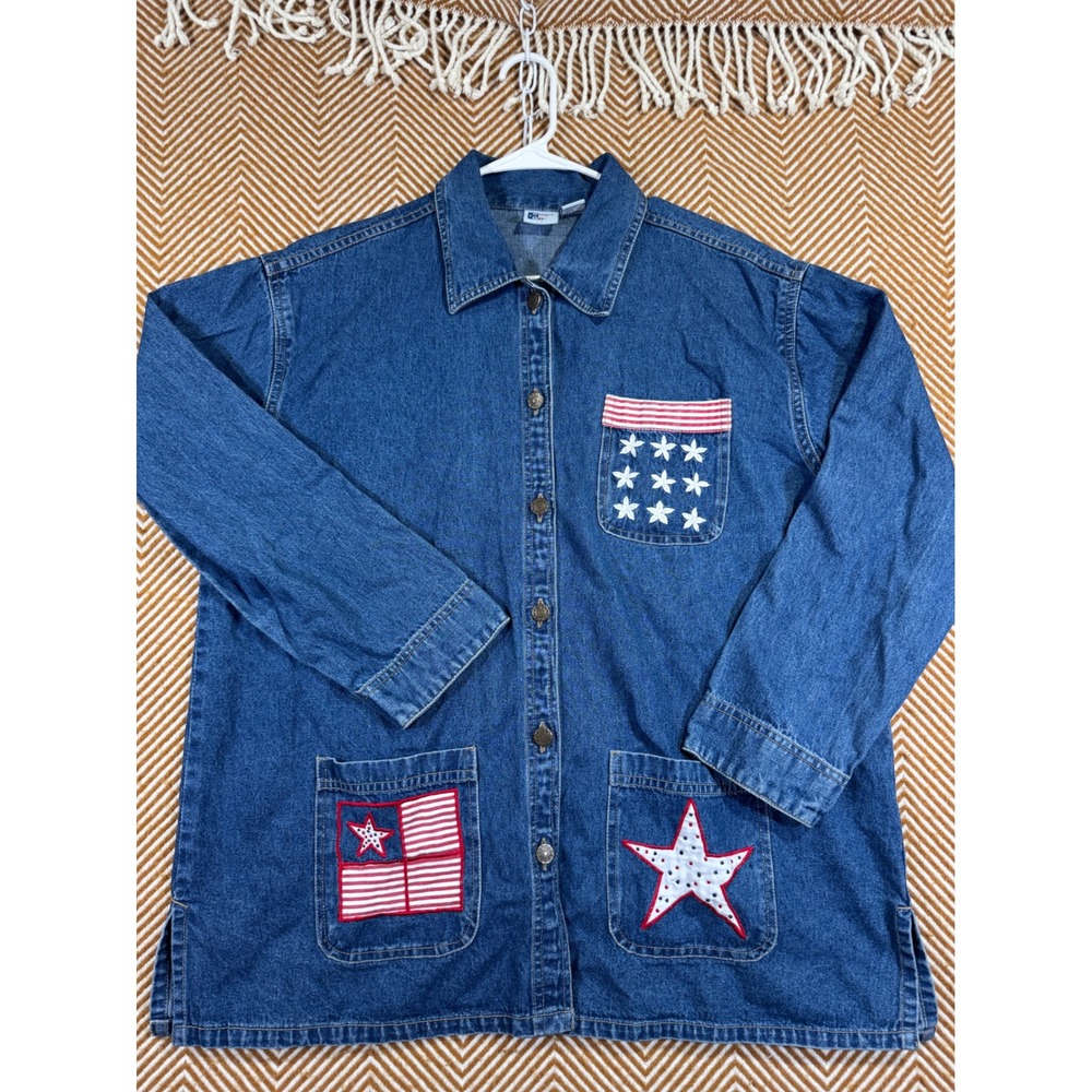 Denim Americana Patchwork XL Embroidered American Flag Star Button Front Western